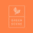 A minimalist logo featuring two stacked white rectangular outlines on a terracotta orange background. The top box contains a leaf icon, and the bottom contains the text “Green Scene.”